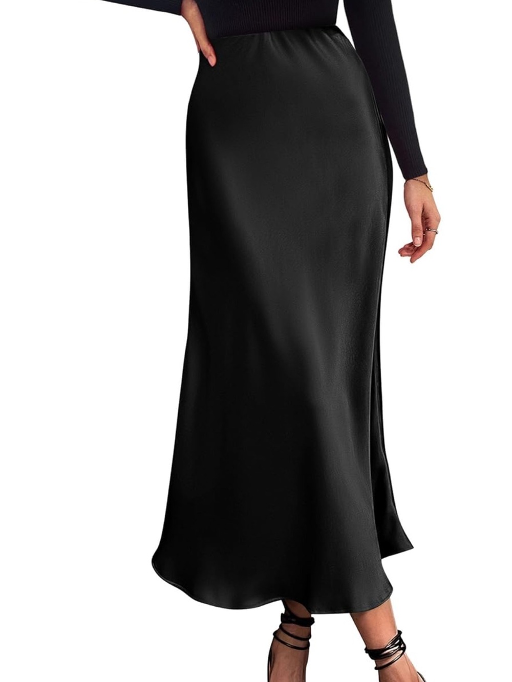 Classic Black Satin Midi Skirt - Women's Elegant Slip Skirt